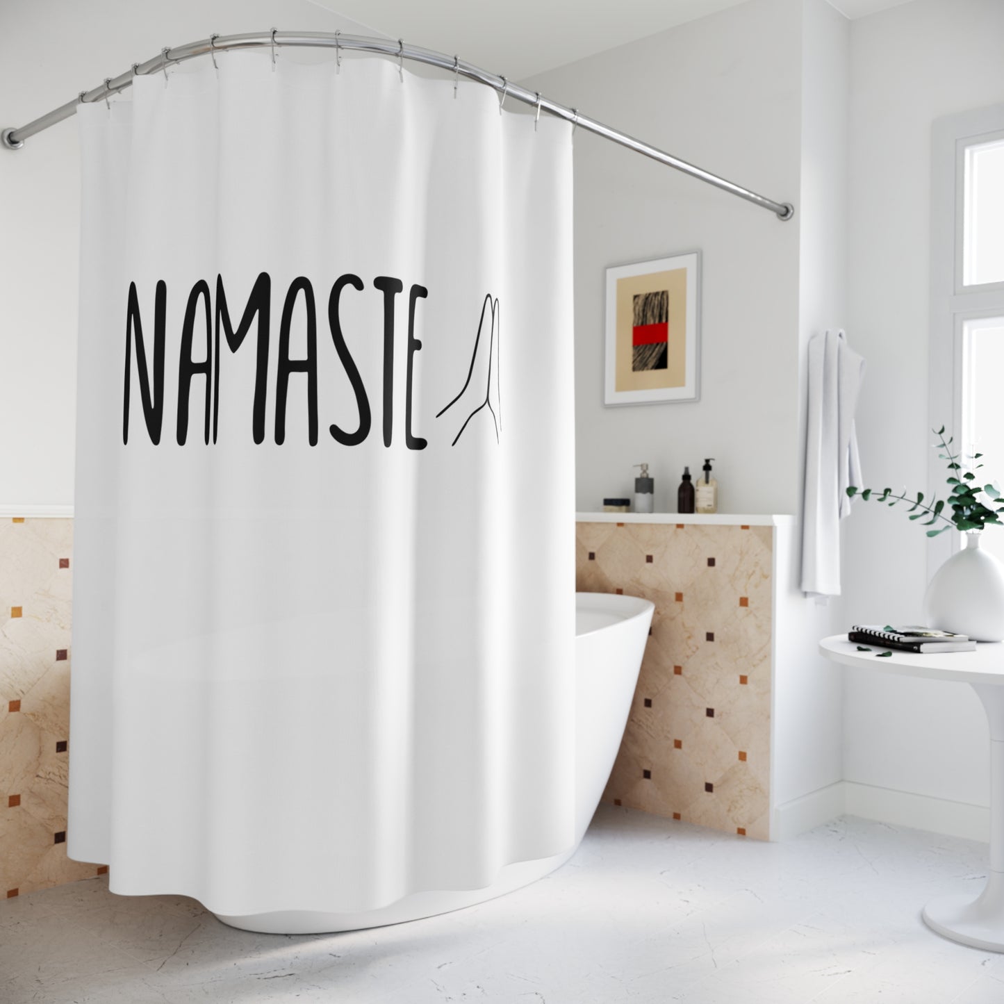 NAMASTE YOGA SPRUCH BEGRÜßUNG • Hochwertiger, Schöner Duschvorhang 180x200 cm Weiss
