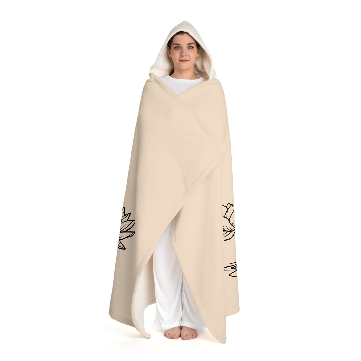 BUDDHA ZWISCHEN LOTUSBLÜTEN • Kapuzen Kuscheldecke Beige Creme • Wohndecke Sherpa 130cm x 180cm