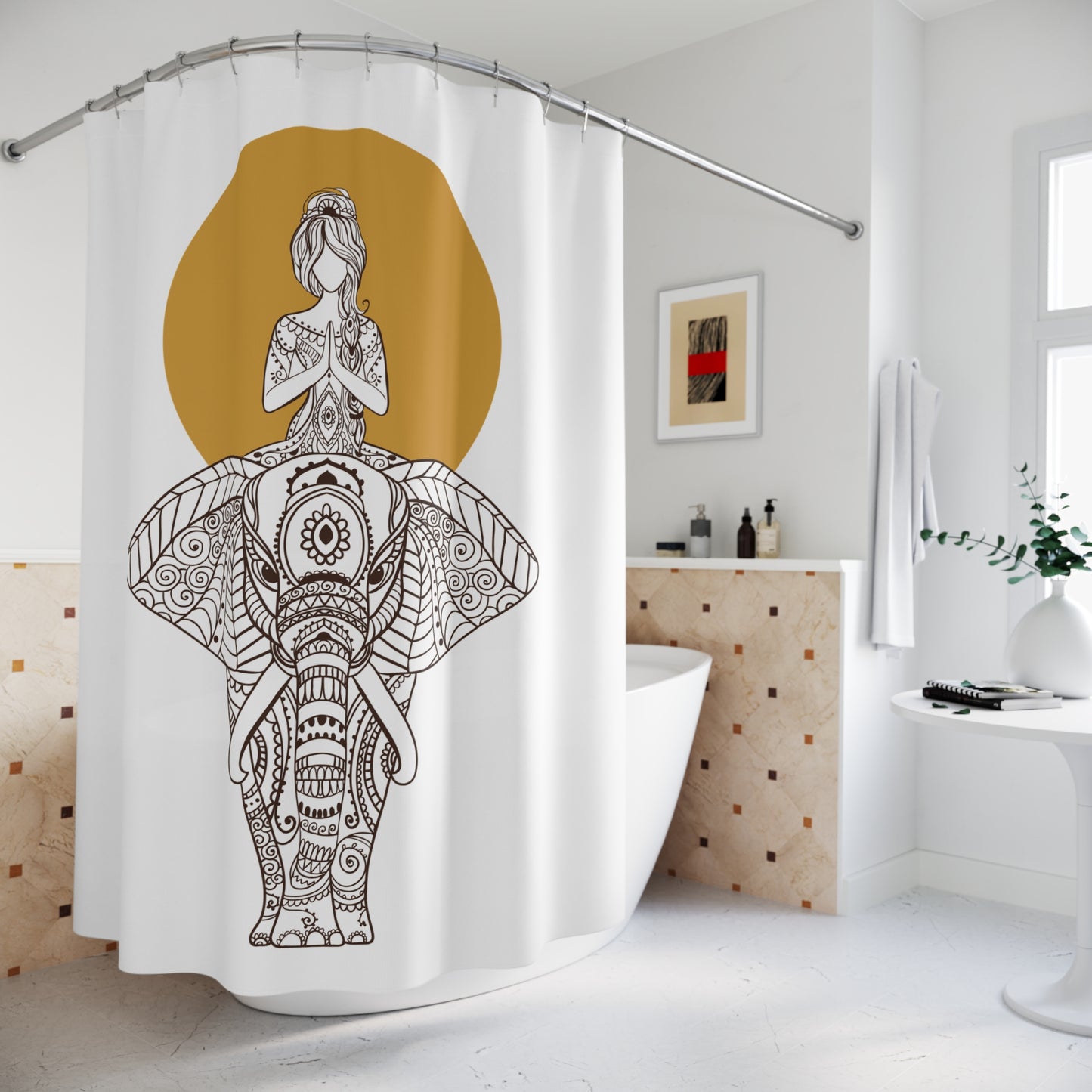 ELEFANT MANDALA FRAU SONNE • Hochwertiger, Schöner Duschvorhang 180x200 cm Weiss