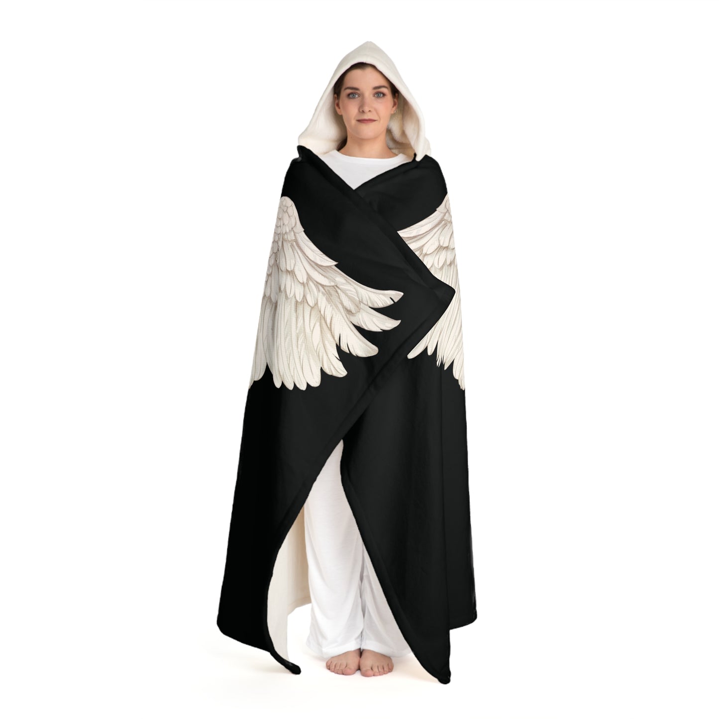 ENGELSFLÜGEL Federn • Kapuzen Kuscheldecke Schwarz • Wohndecke Sherpa 130cm x 180cm