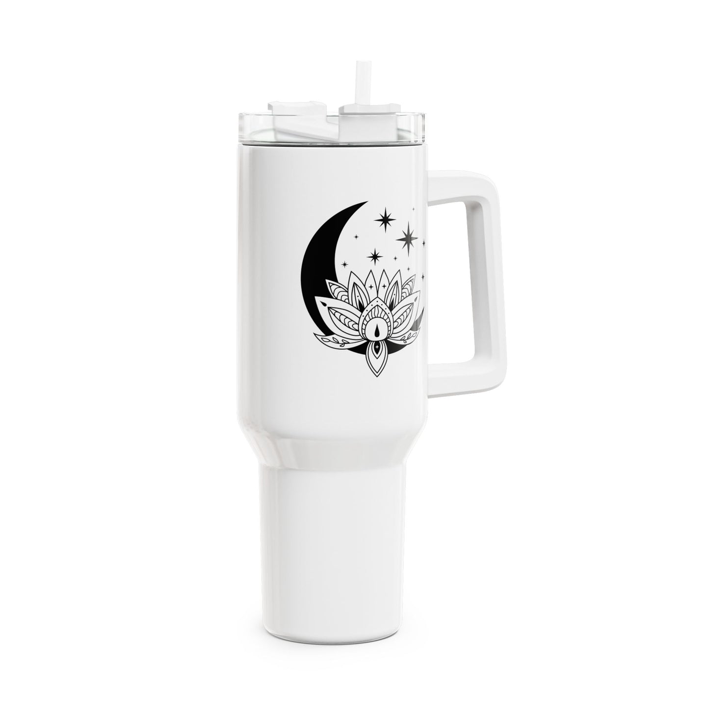MOND LOTUSBLÜTE STERNE SPIRITUELL • Tumbler mit Henkel & Strohhalm • XXL Reisebecher 1,2L