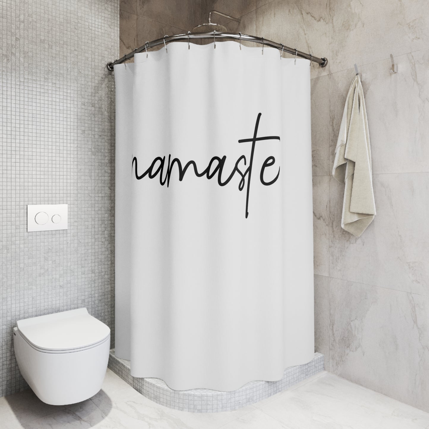 NAMASTE SPRUCH YOGA SCHRIFTZUG • Schöner Duschvorhang 180x200 cm Weiss
