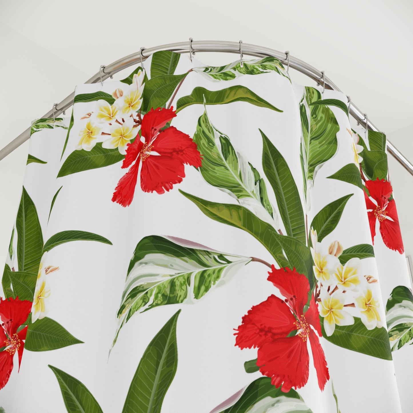 HAWAII BLUMEN, GRÜNE BLÄTTER • Schöner Duschvorhang 180x200 cm Weiss