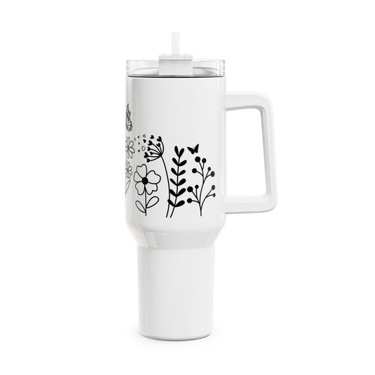 BLUMEN ZEICHNUNG • Tumbler mit Henkel & Strohhalm • XXL Reisebecher 1,2L