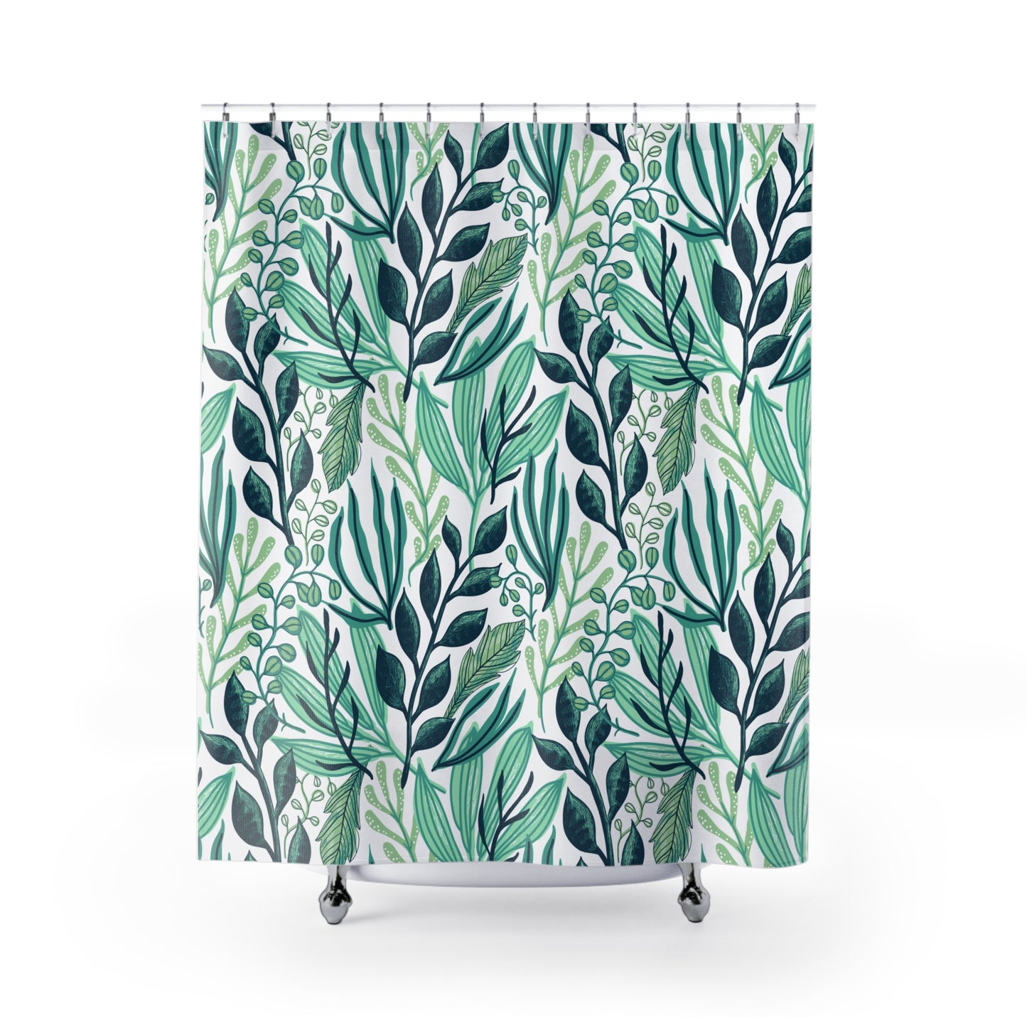 GRÜNE BLÄTTER FLORAL • Hochwertiger, Schöner Duschvorhang 180x200 cm Türkis Weiß