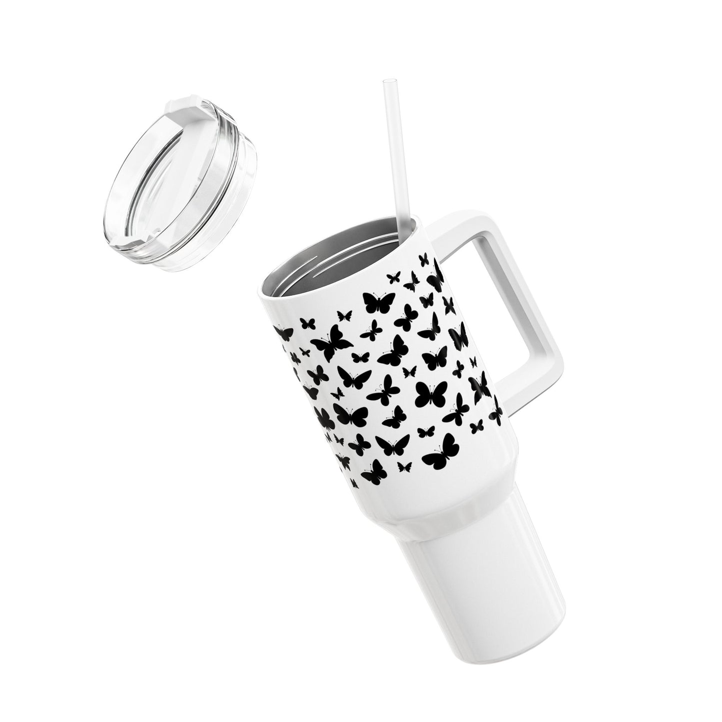 SCHMETTERLINGS MUSTER FALTER TIERMOTIV • Tumbler mit Henkel & Strohhalm • XXL Reisebecher 1,2L