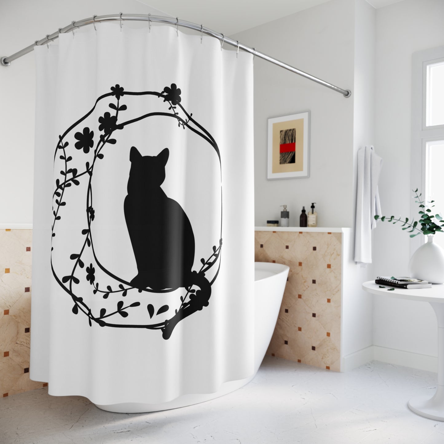 KATZE IM MOND • Hochwertiger, Schöner Duschvorhang 180x200 cm Weiss
