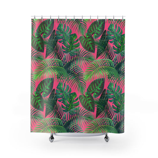 GRÜNE BLÄTTER DSCHUNGEL PFLANZEN • Schöner Duschvorhang 180x200 cm PINK