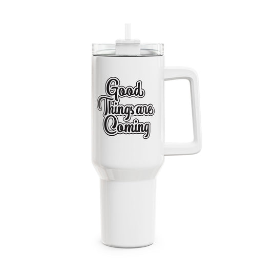 GOOD THINGS ARE COMING • Tumbler mit Henkel & Strohhalm • XXL Reisebecher 1,2L