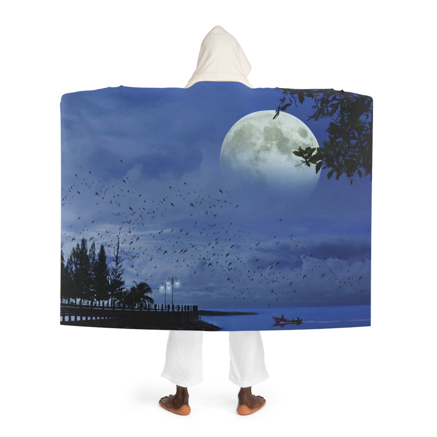 MOND HIMMEL BÄUME • Kapuzen Kuscheldecke Blau • Wohndecke Sherpa 130cm x 180cm