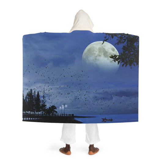MOND HIMMEL BÄUME • Kapuzen Kuscheldecke Blau • Wohndecke Sherpa 130cm x 180cm