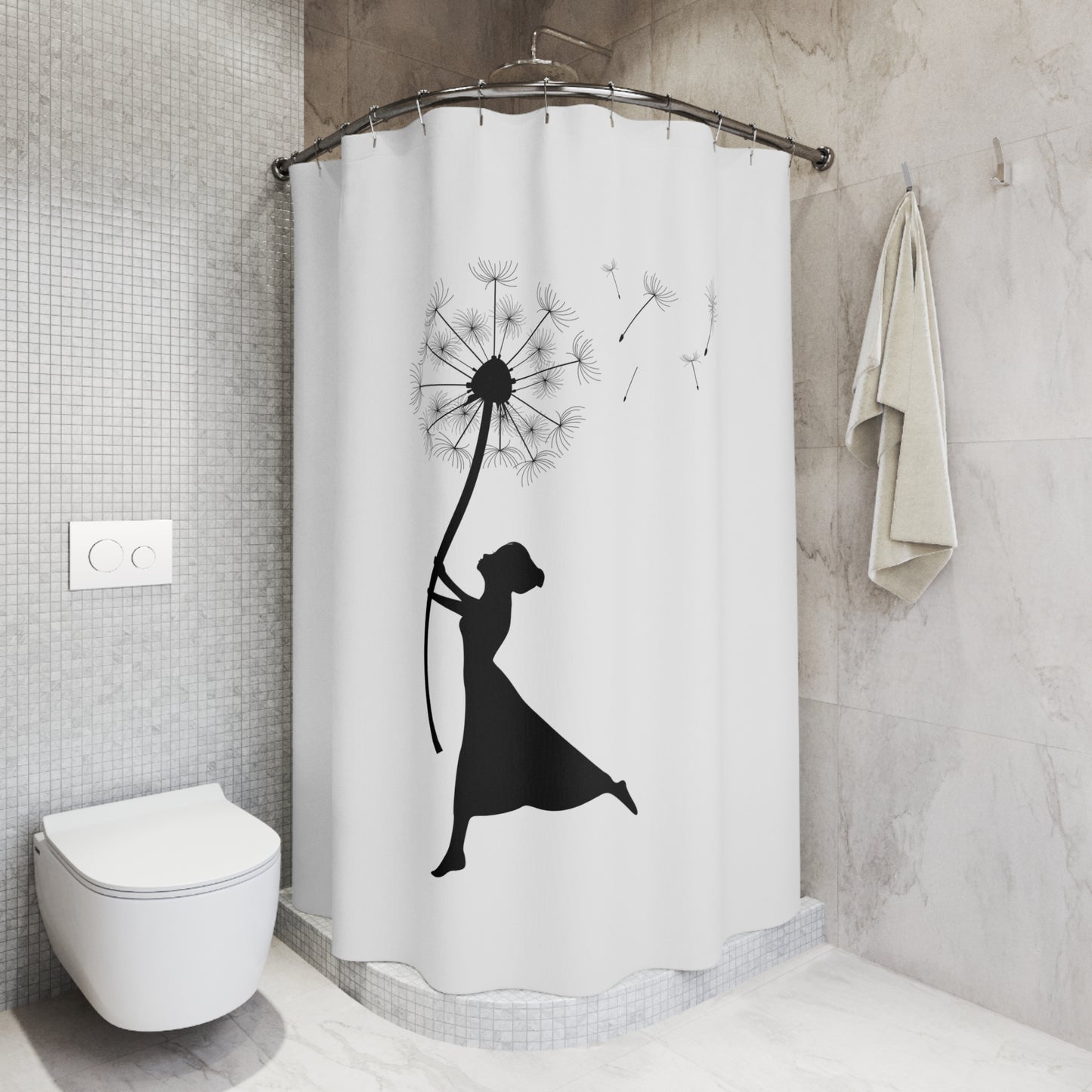 BLUME MIT ELFE COMIC • Hochwertiger, Schöner Duschvorhang 180x200 cm Weiss