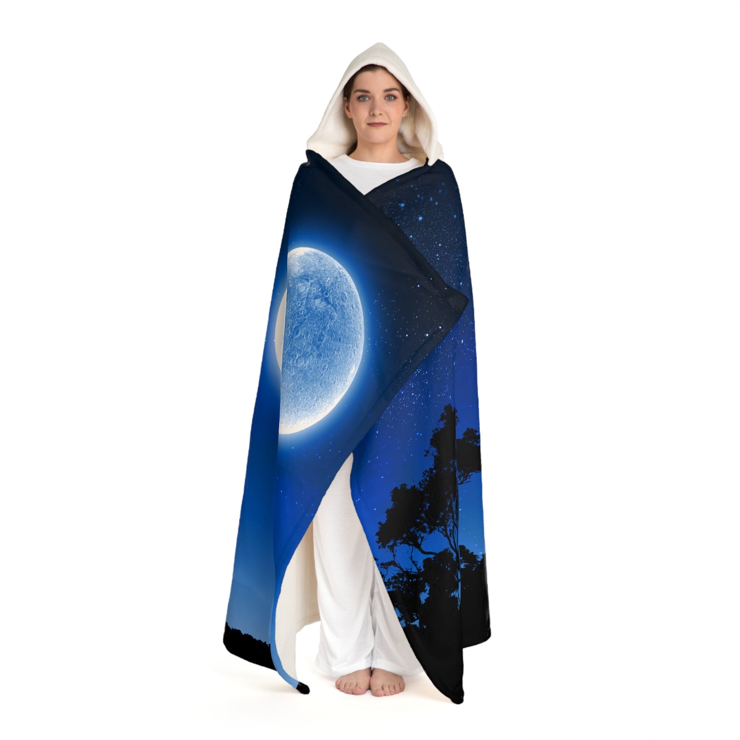 MOND STERNEHIMMEL BAUM • Kapuzen Kuscheldecke Dunklelblau • Wohndecke Sherpa 130cm x 180cm