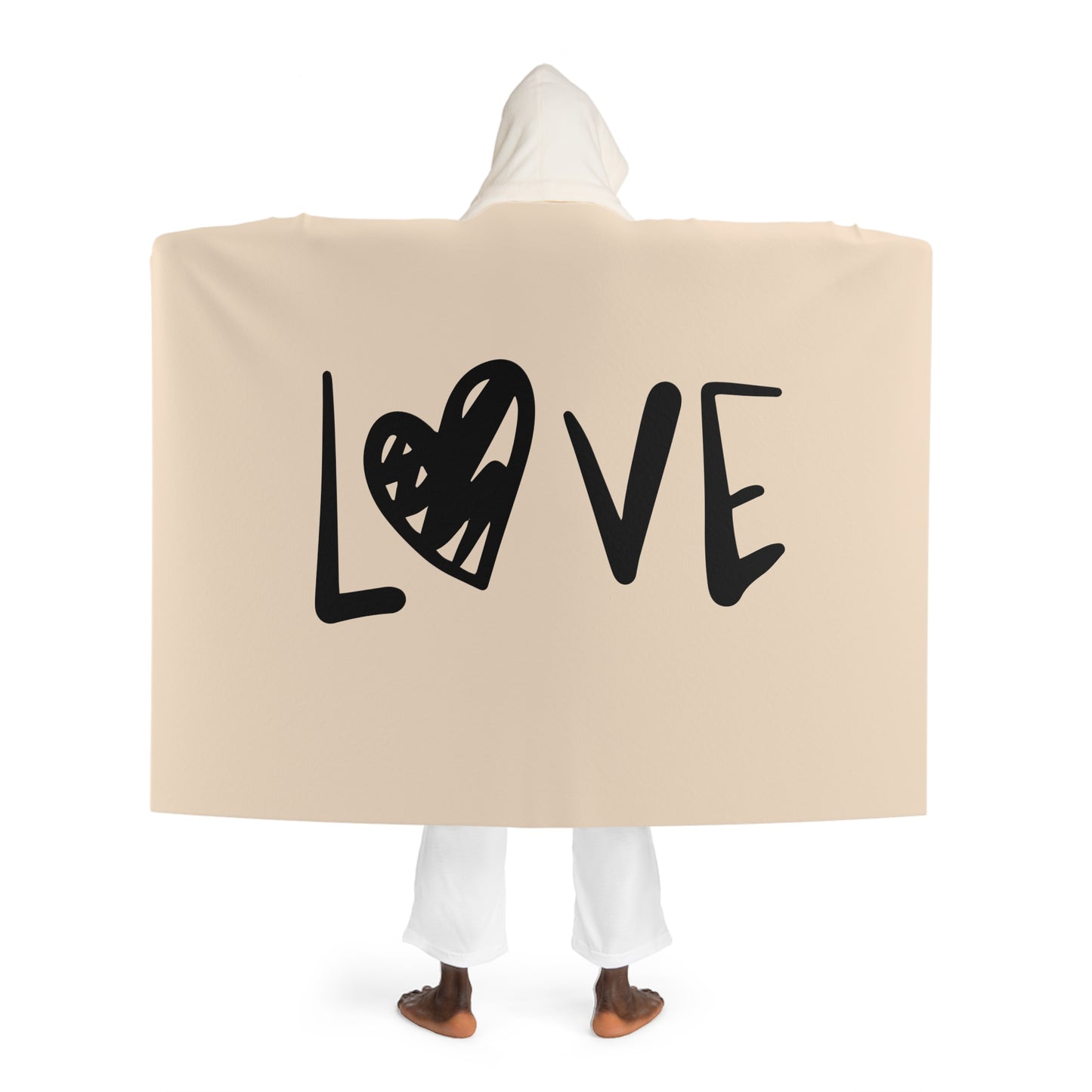 LOVE HERZ LIEBESBOTSCHAFT • Kapuzen Kuscheldecke Beige Creme • Wohndecke Sherpa 130cm x 180cm