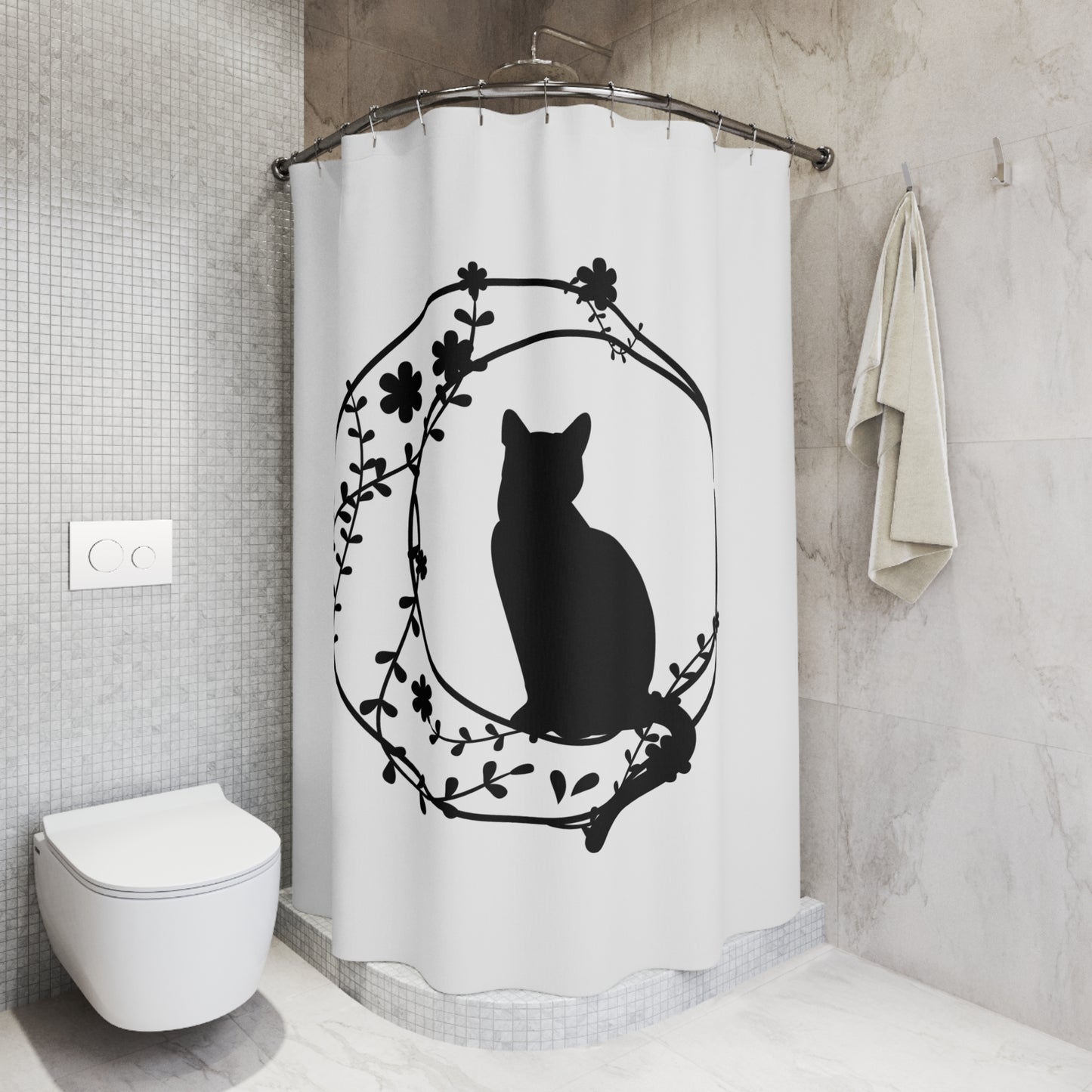 KATZE IM MOND • Hochwertiger, Schöner Duschvorhang 180x200 cm Weiss