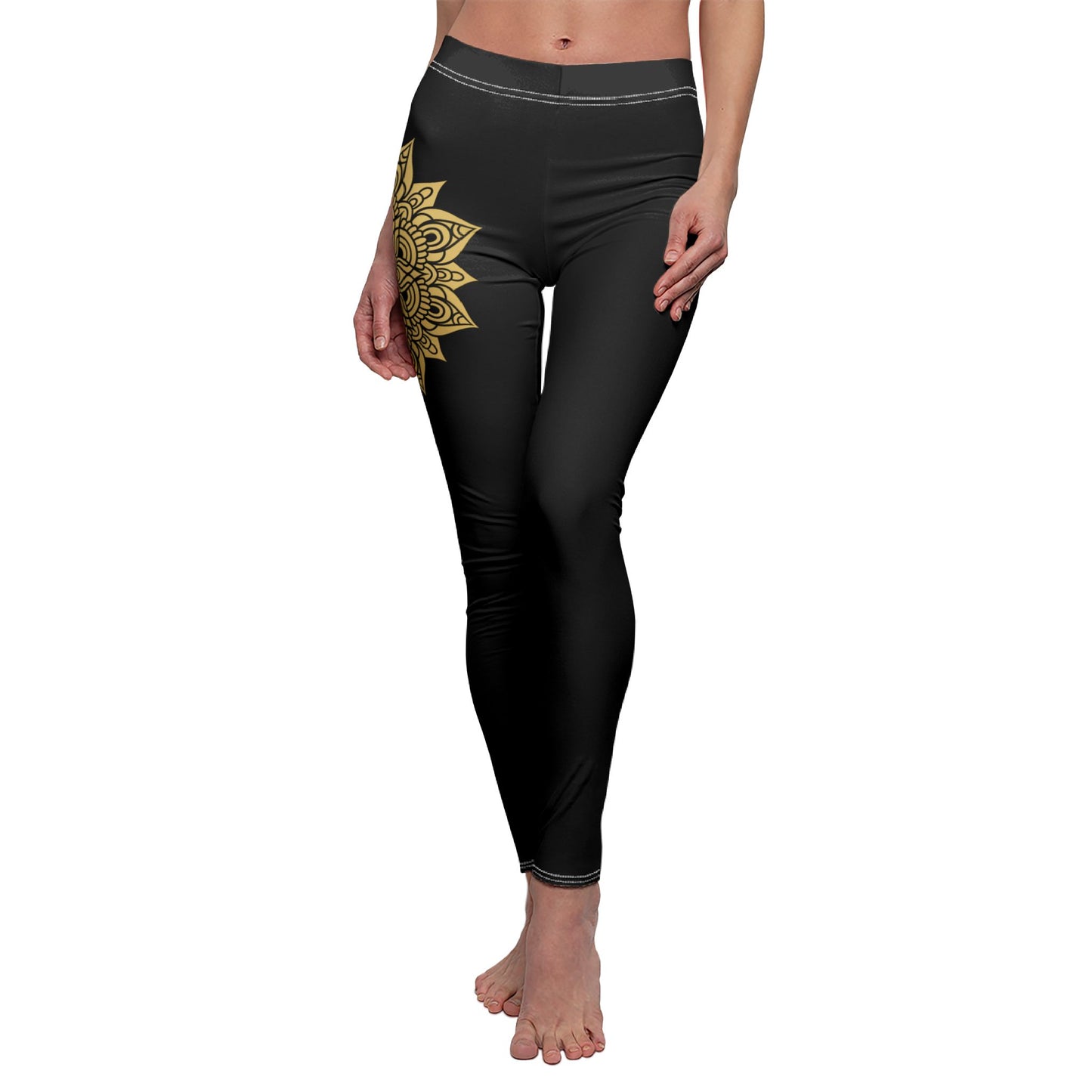MANDALA BLUME GOLDGELB - Boho Style - Hippie Schwarze Damen Leggins • Beste Leggings für Sport & Alltag