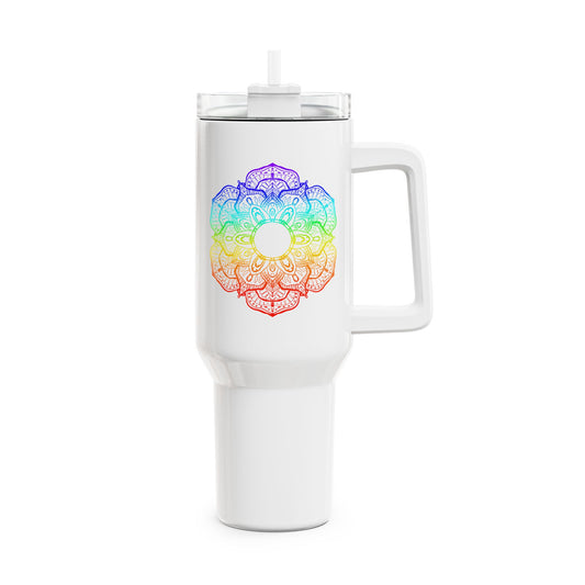 MANDALA BLUME REGENBOGEN FARBEN BUNT • Tumbler mit Henkel & Strohhalm • XXL Reisebecher 1,2L