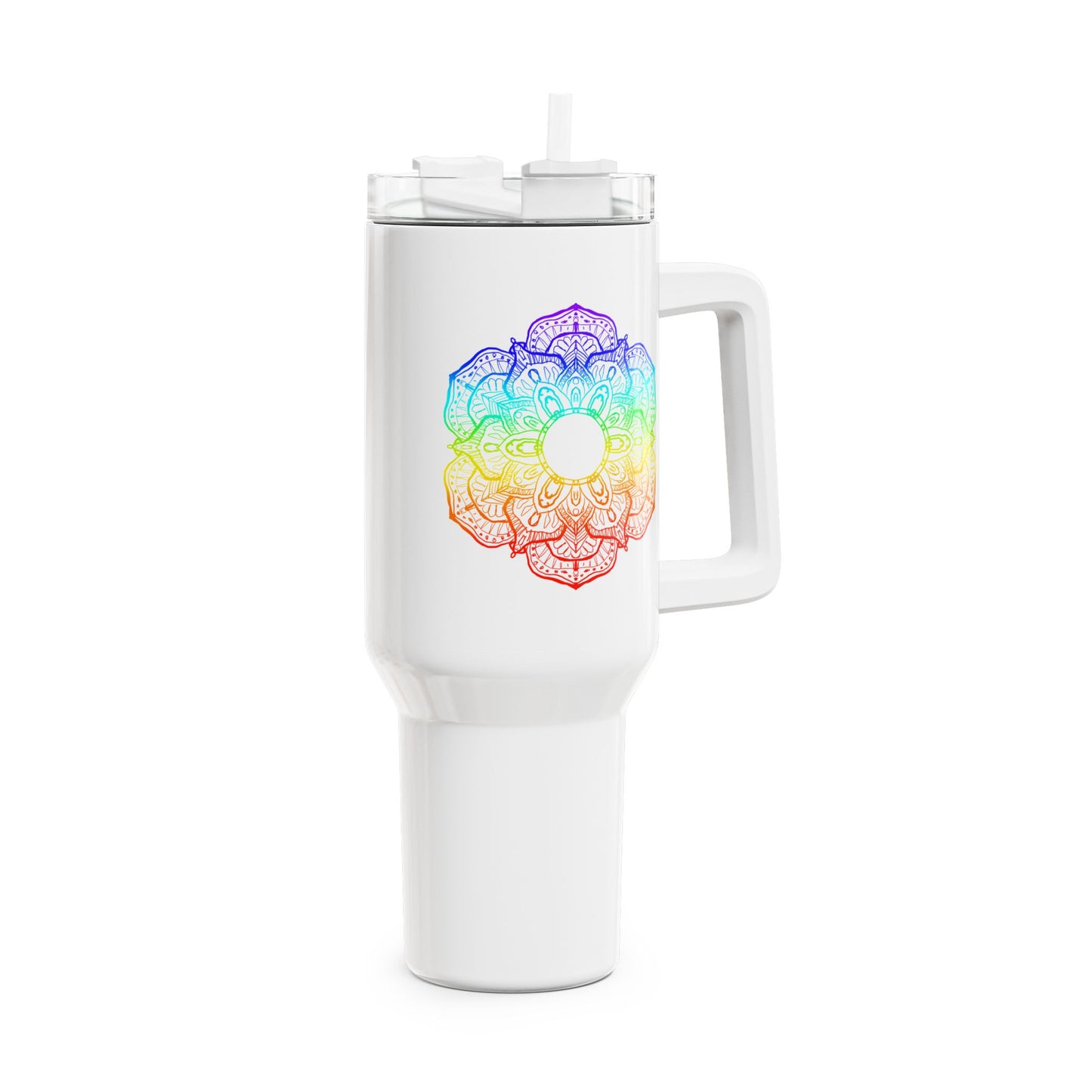 MANDALA BLUME REGENBOGEN FARBEN BUNT • Tumbler mit Henkel & Strohhalm • XXL Reisebecher 1,2L