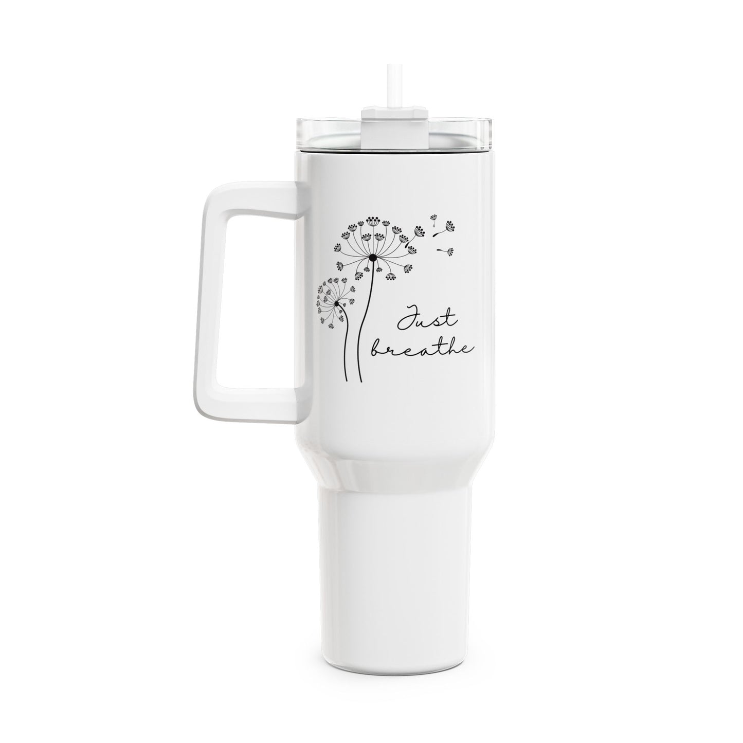 JUST BREATHE - PUSTEBLUMEN HERZCHEN • Tumbler mit Henkel & Strohhalm • XXL Reisebecher 1,2L
