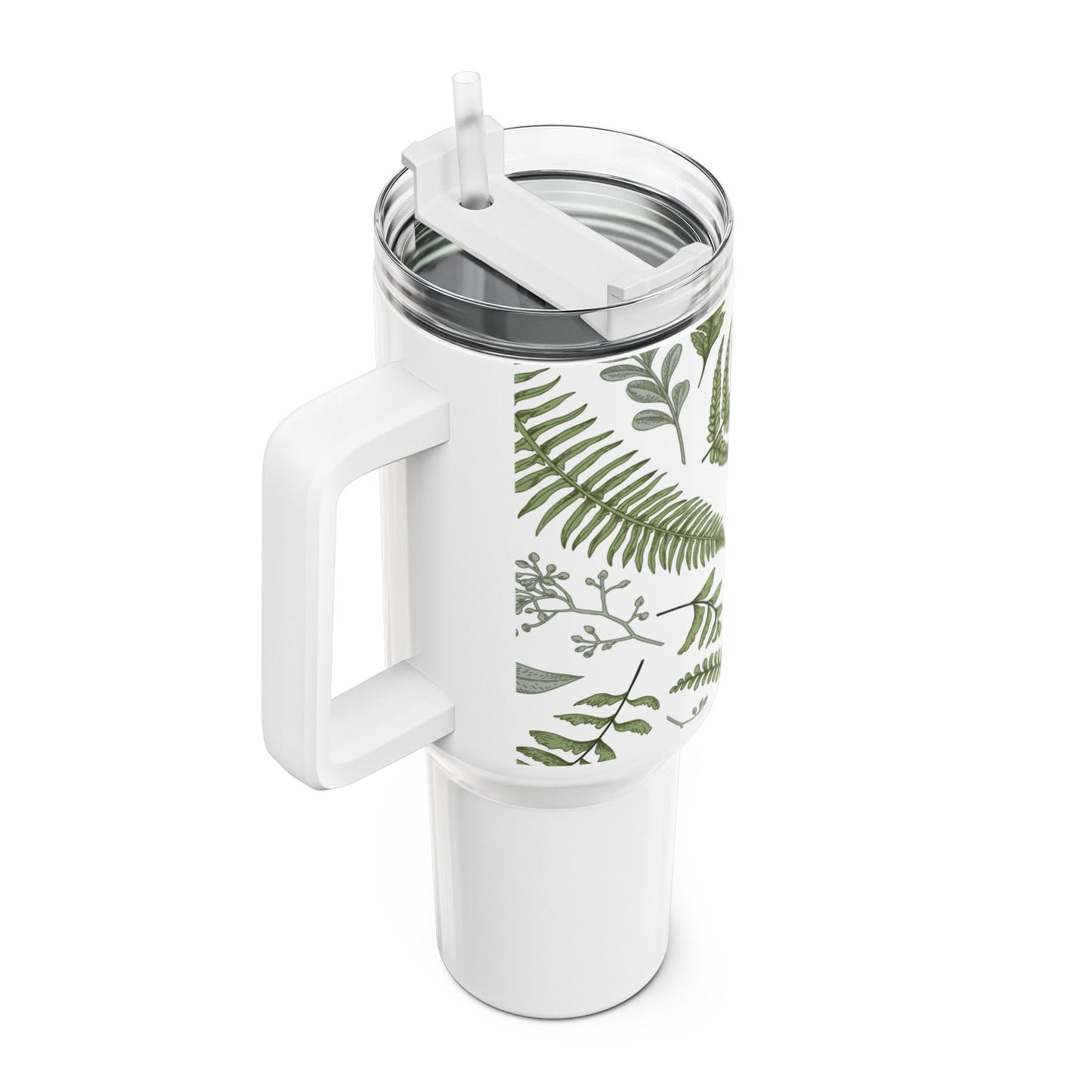 GRÜNE BLÄTTER FARN PFLANZENMOTIV • Tumbler mit Henkel & Strohhalm • XXL Reisebecher 1,2L