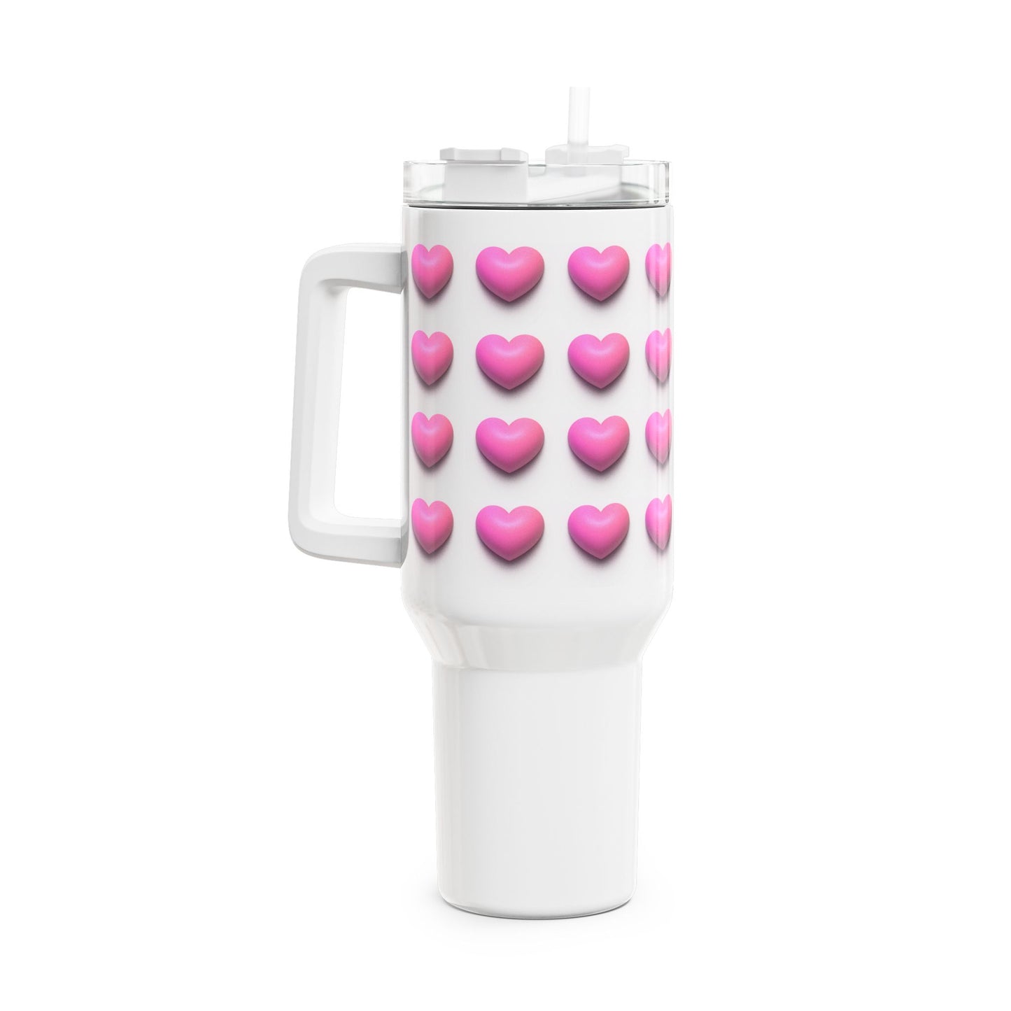 HERZEN MUSTER PINK - NIEDLICH 3D Optik • Tumbler mit Henkel & Strohhalm • XXL Reisebecher 1,2L