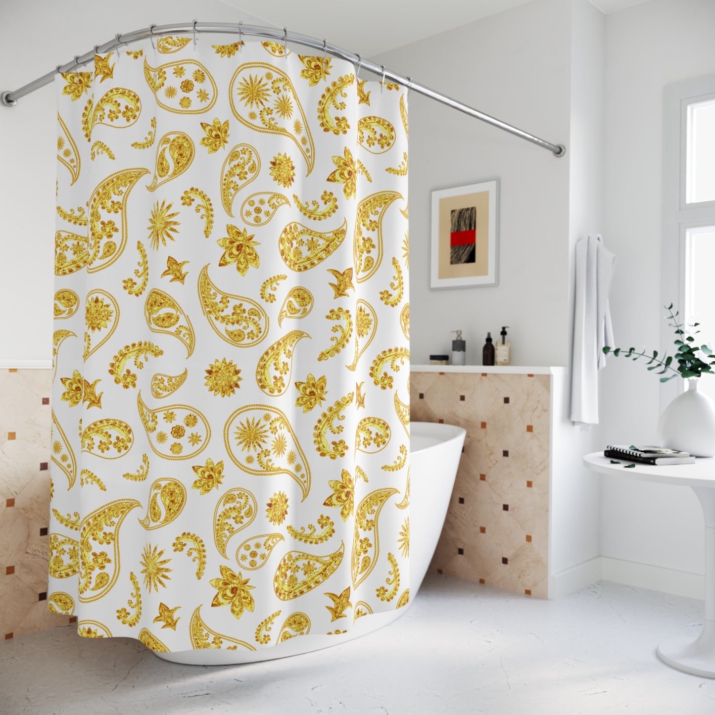 PAISLEY MUSTER GELBGOLD LUXURIÖS • Hochwertiger, Schöner Duschvorhang 180x200 cm