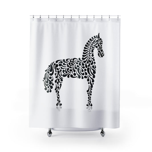PFERD ZEICHNUNG KUNSTDRUCK • Hochwertiger, Schöner Duschvorhang 180x200 cm Weiss