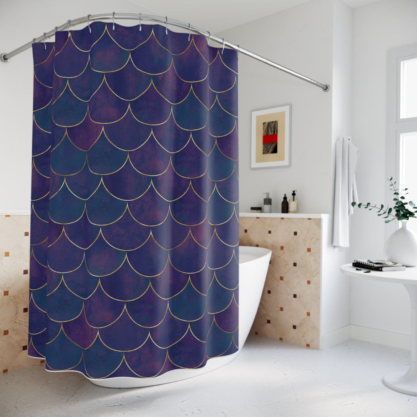LILA GOLD FISCHSCHUPPEN MUSTER VIOLET BLAU • Duschvorhang 180x200 cm Weiss