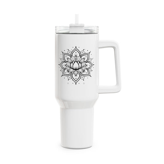 LOTUS MANDALABLUME ÄSTHETISCH • Tumbler mit Henkel & Strohhalm • XXL Reisebecher 1,2L