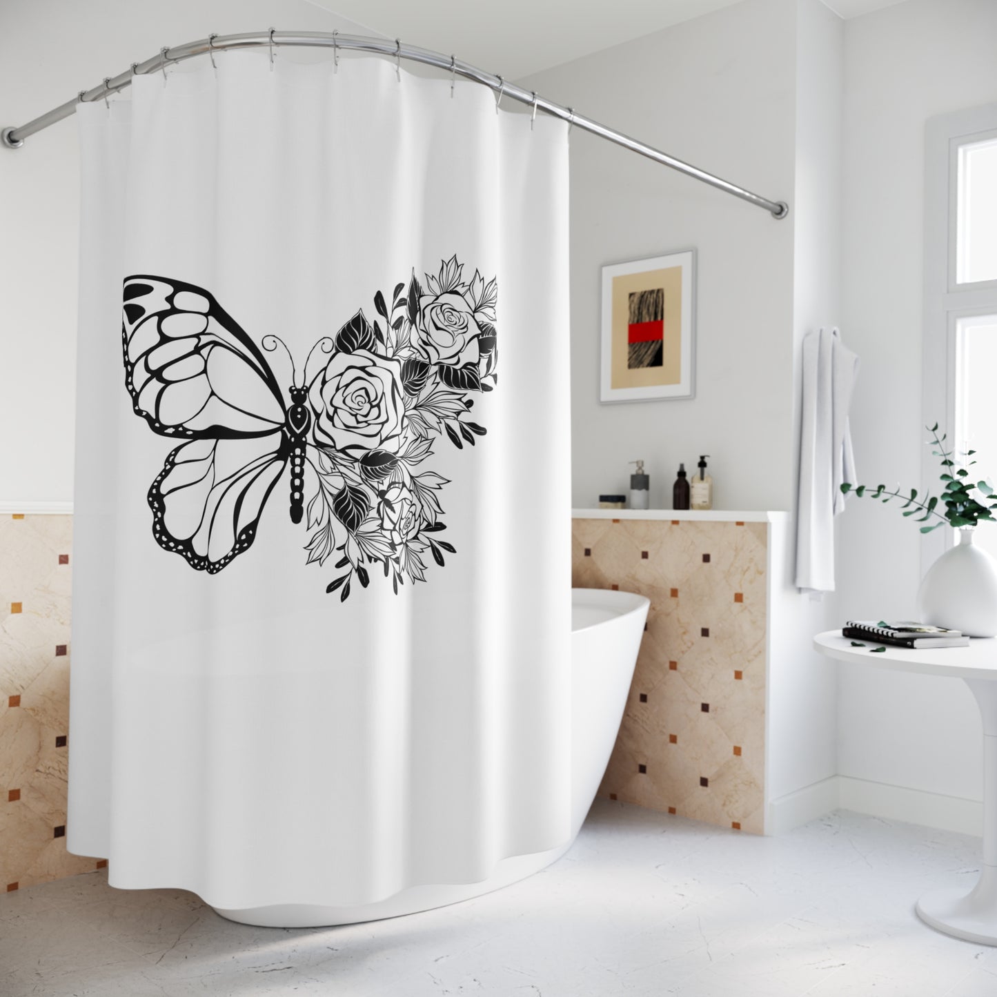 BLUMENBLÜTEN SCHMETTERLING • Hochwertiger, Schöner Duschvorhang 180x200 cm Weiss