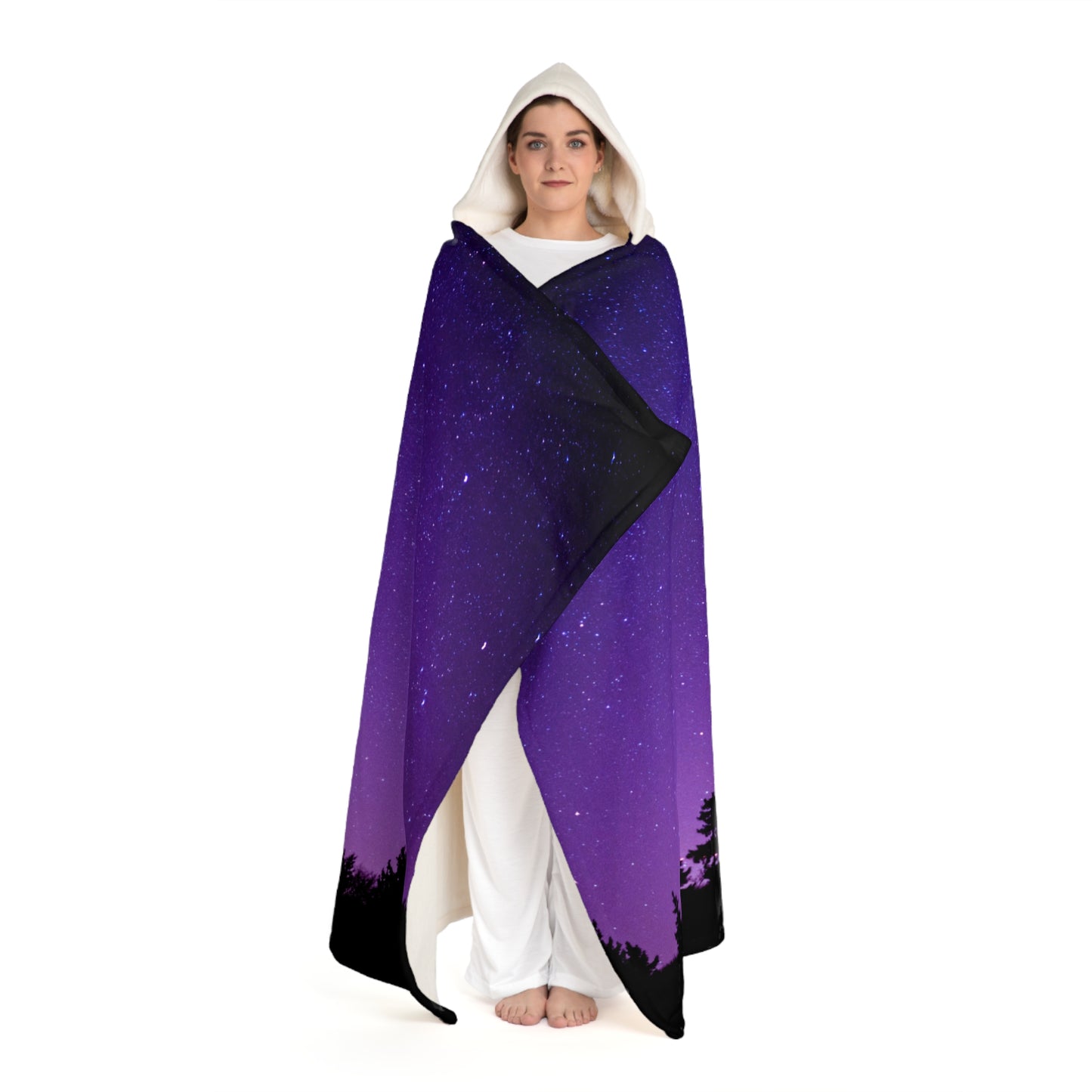WALD BÄUME LILA HIMMEL VIOLET • Kapuzen Kuscheldecke Violet Lila • Wohndecke Sherpa 130cm x 180cm