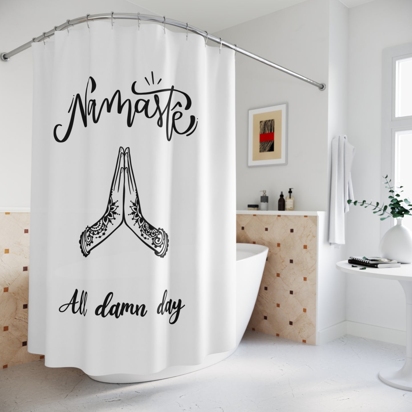NAMASTE ALL DAMN DAY • Lustiger YOGA Duschvorhang 180x200 cm Weiss