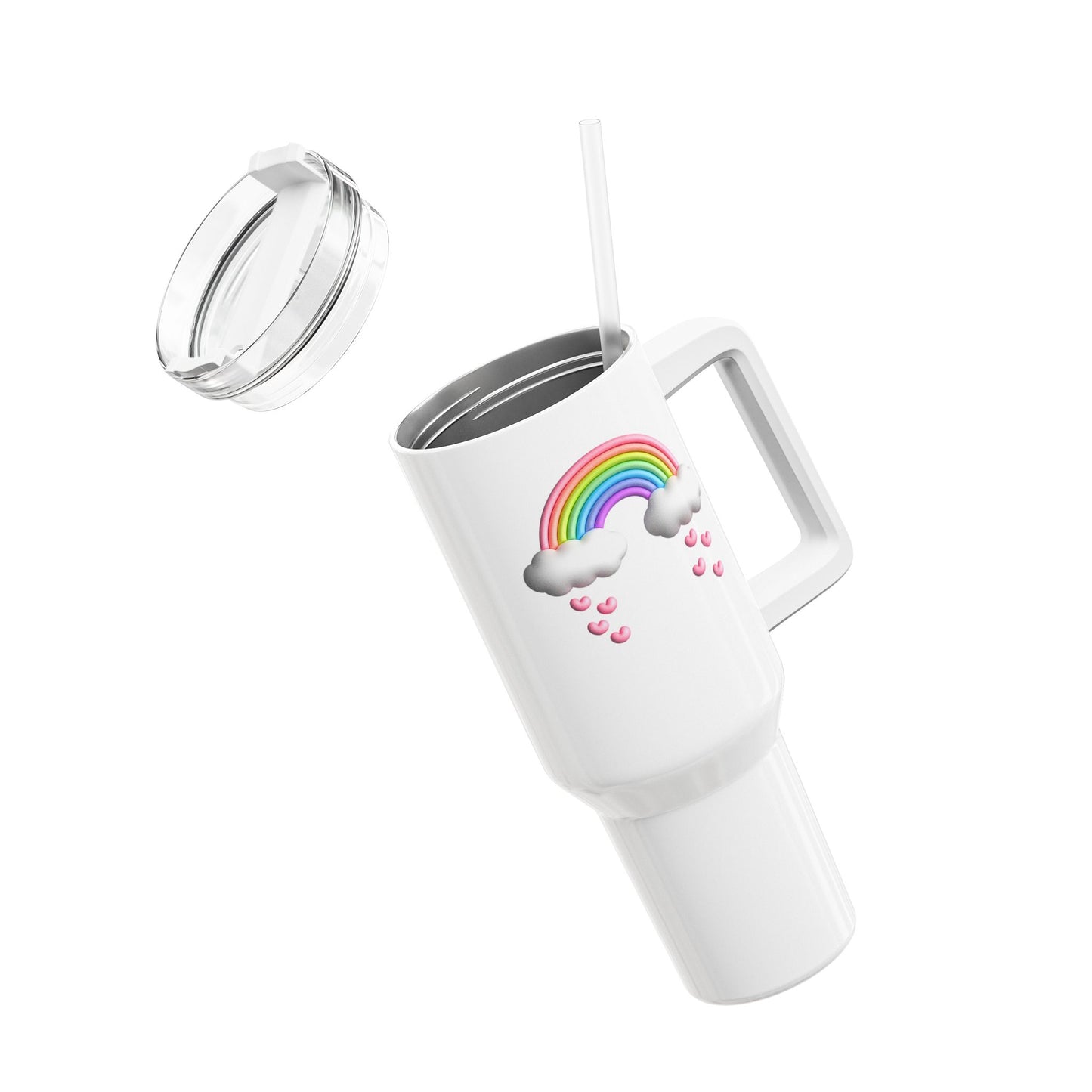 REGENBOGEN HERZEN NIEDLICH SÜß 3D Illusion Magisch • Tumbler mit Henkel & Strohhalm • XXL Reisebecher 1,2L
