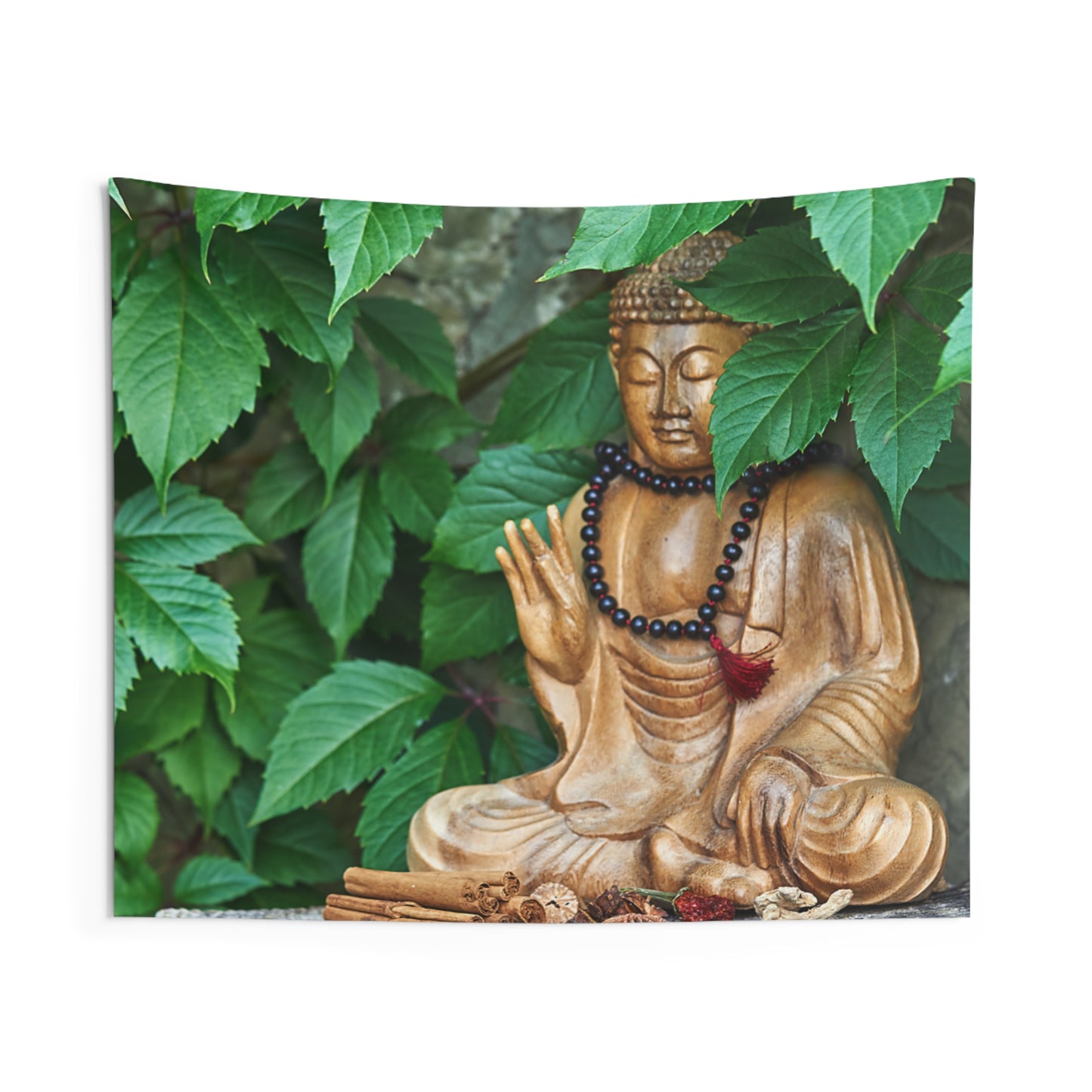 BUDDHAFIGUR GOLD GRÜNE BLÄTTER • Wandtuch • Wandttepich • Wanddekor in v. Größen bis XXL