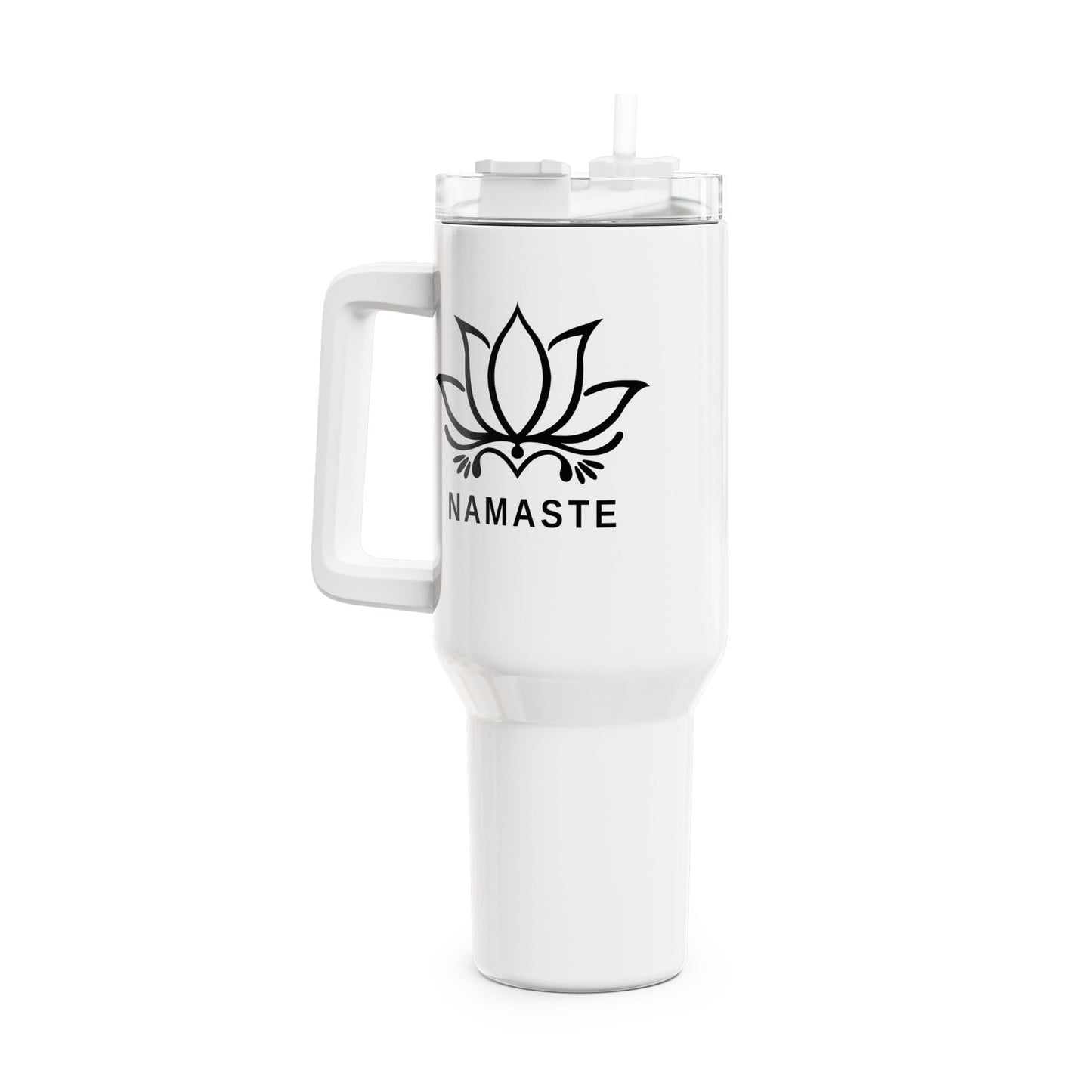 NAMASTE LOTUSBLUME BLÜTENMOTIV YOGA SPIRITUELLMANDALA BLUME KUNSTDRUCK HANDGEMALT • Tumbler mit Henkel & Strohhalm • XXL Reisebecher 1,2L