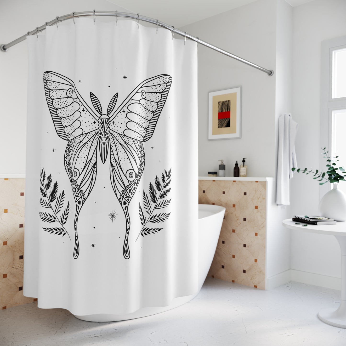 SCHMETTERLING ZEICHNUNG ELEGANT • Hochwertiger, Schöner Duschvorhang 180x200 cm Weiss