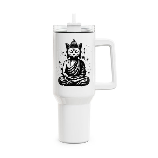 KATZEN BUDDHA FIGUR MEDITATION TIERYOGA • Tumbler mit Henkel & Strohhalm • XXL Reisebecher 1,2L - YOGA SANTA