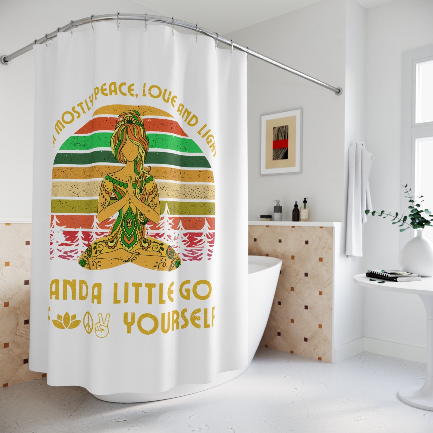 MOSTLY PEACE, LOVE & LIGHT • RETRO BOHO • Hochwertiger, Schöner Duschvorhang 180x200 cm Weiss