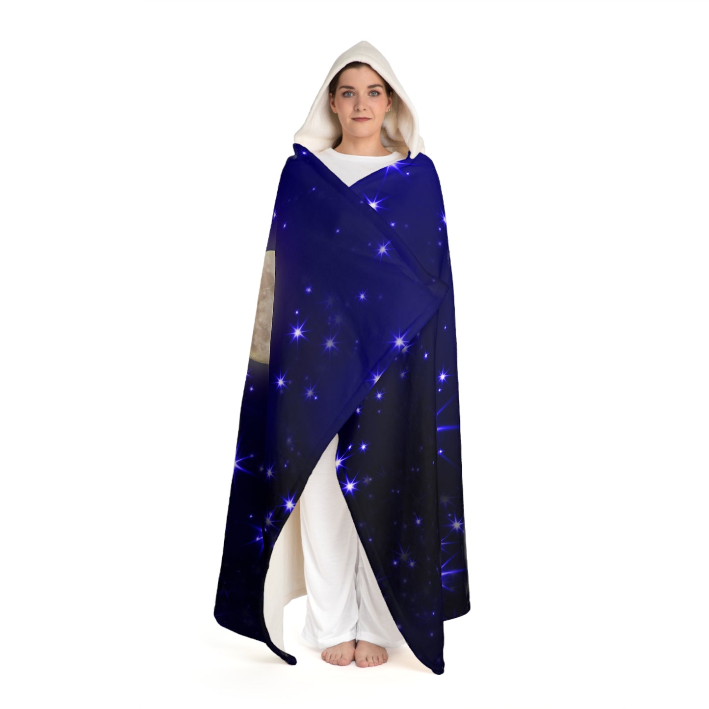 STERNENHIMMEL MOND • Kapuzen Kuscheldecke Dunkelblau • Wohndecke Sherpa 130cm x 180cm