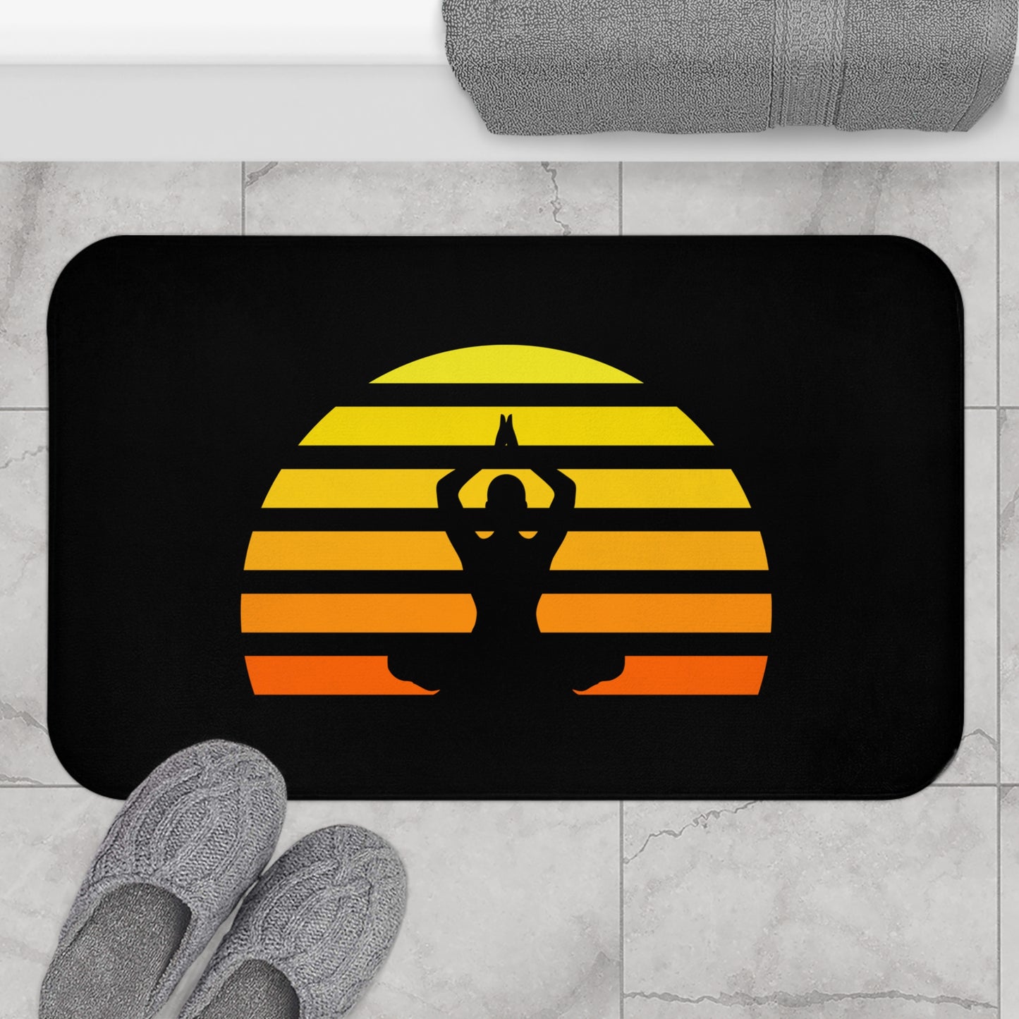 YOGA POSE MEDITATION SONNENAUFGANG RETRO • Badvorleger Weiss / Fussmatte / Badteppich EXTRA Weich • 43 x 61 cm & 53 x 86 cm