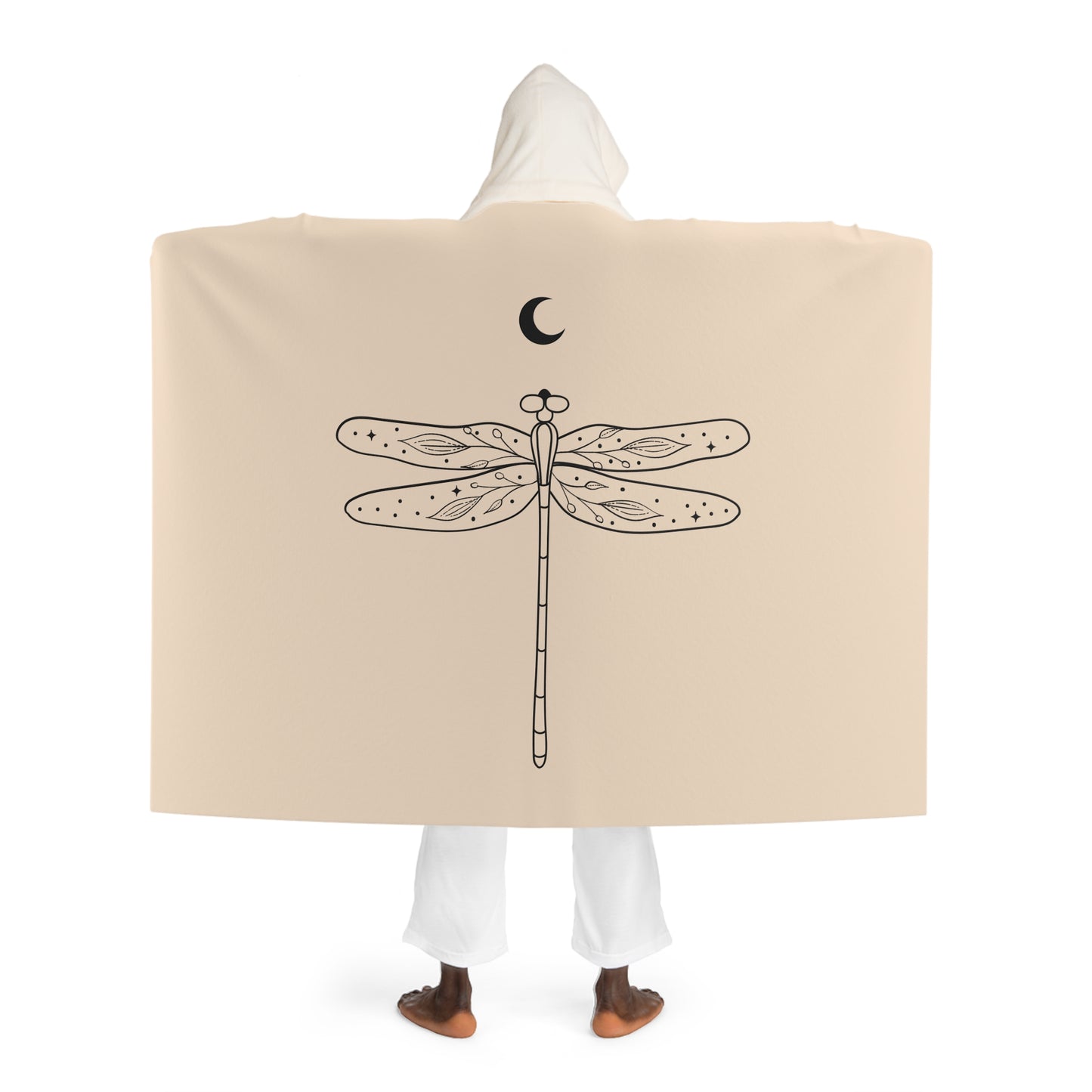 LIBELLE MIT MOND MOTIV • Kapuzen Kuscheldecke Beige Creme • Wohndecke Sherpa 130cm x 180cm