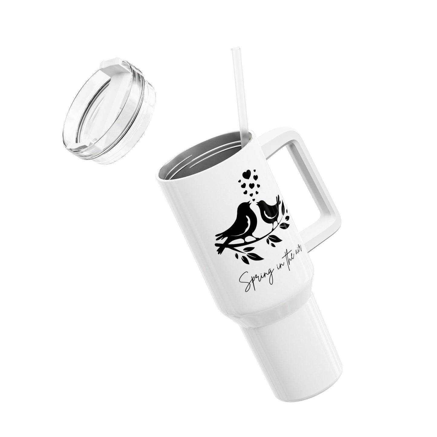 SPRING IS IN THE AIR - VÖGELCHEN VERLIEBT HERZ • Tumbler mit Henkel & Strohhalm • XXL Reisebecher 1,2L