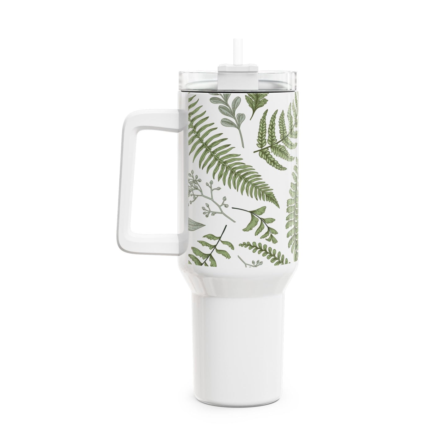 GRÜNE BLÄTTER FARN PFLANZENMOTIV • Tumbler mit Henkel & Strohhalm • XXL Reisebecher 1,2L