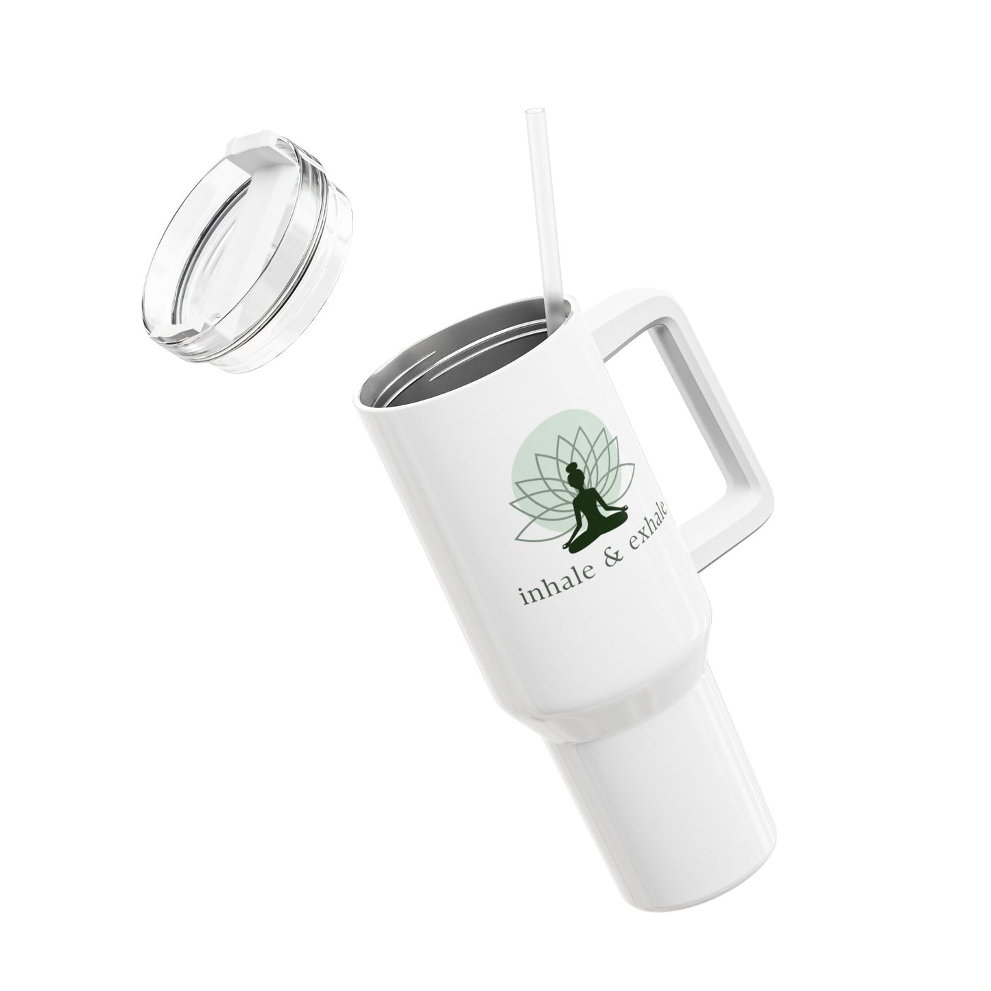 INHALE EXHALE YOGA SPRUCH MEDITATION LOTUS MOND • Tumbler mit Henkel & Strohhalm • XXL Reisebecher 1,2L - YOGA SANTA