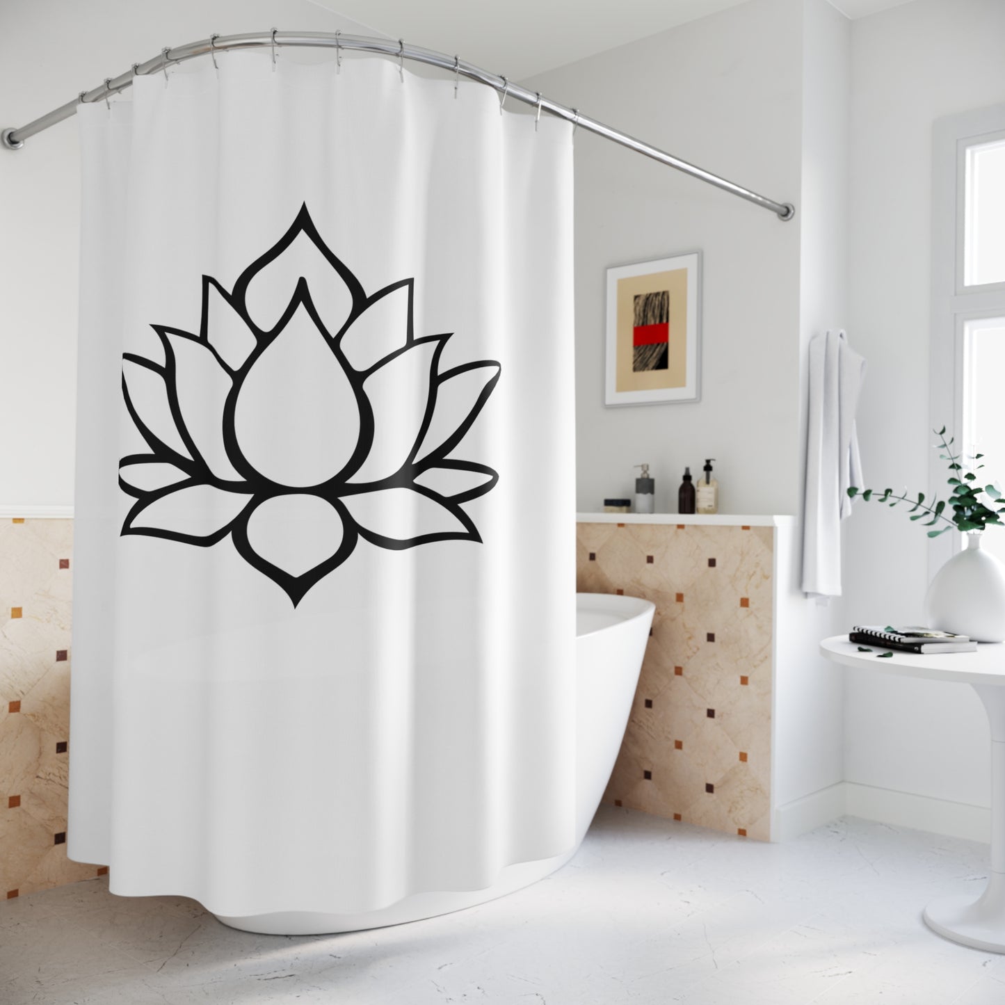 LOTUS BLUME MINIMALISTISCH • Hochwertiger, Schöner Duschvorhang 180x200 cm Weiss