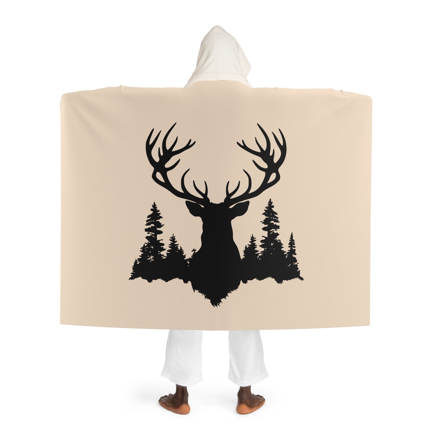 HIRSCH BÄUME WALD GEWEIH LANDHAUS JÄGER • Kapuzen Kuscheldecke Beige Creme • Wohndecke Sherpa 130cm x 180cm