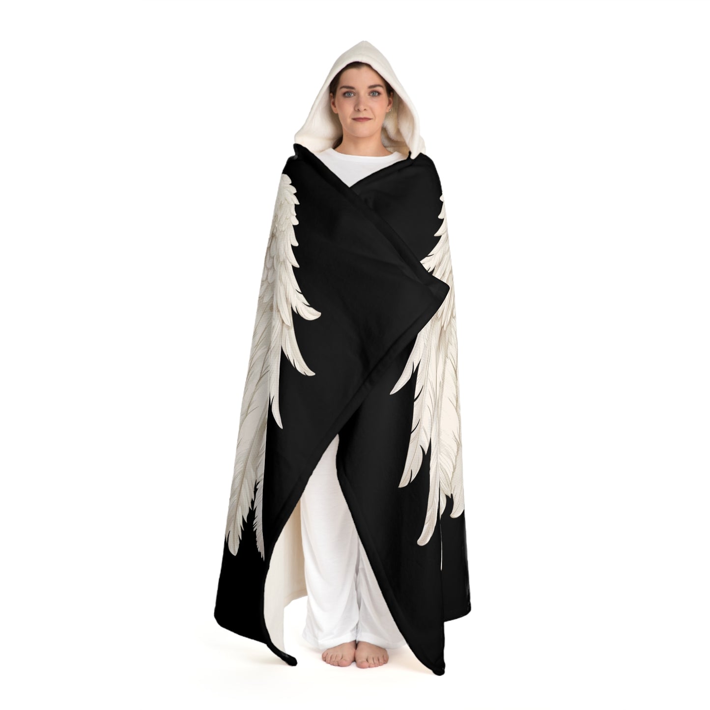 ENGELSFLÜGEL FEDERFLÜGEL • Kapuzen Kuscheldecke Schwarz • Wohndecke Sherpa 130cm x 180cm