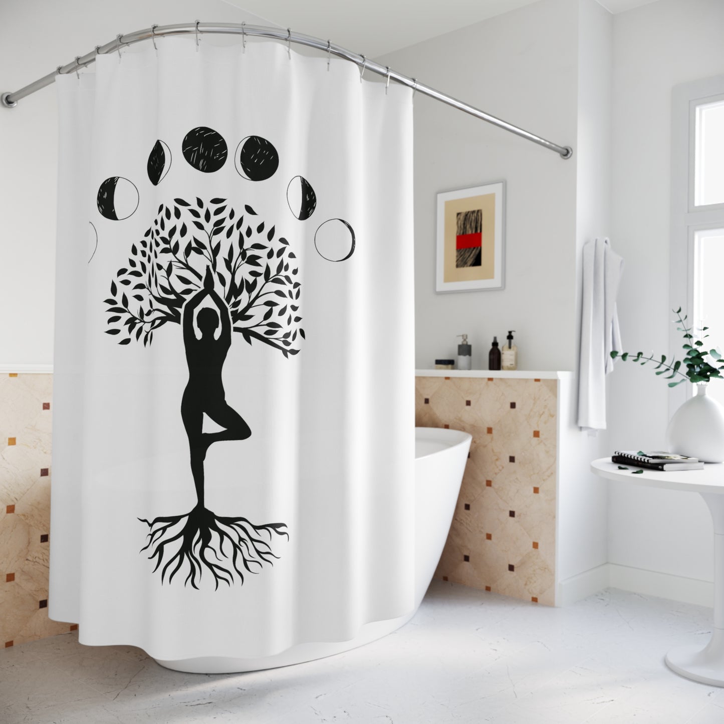 BAUM DES LEBENS MONDPHASEN • Yoga Pose Baum • Duschvorhang 180x200 cm Weiss