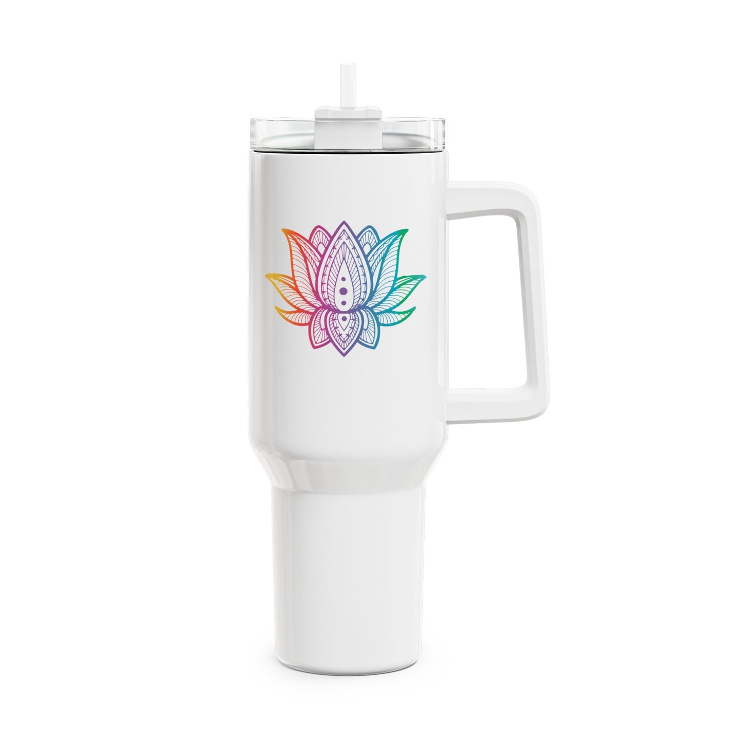LOTUSBLÜTE REGENBOGEN MANDALA • Tumbler mit Henkel & Strohhalm • XXL Reisebecher 1,2L