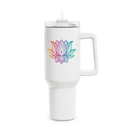 LOTUSBLÜTE REGENBOGEN MANDALA • Tumbler mit Henkel & Strohhalm • XXL Reisebecher 1,2L